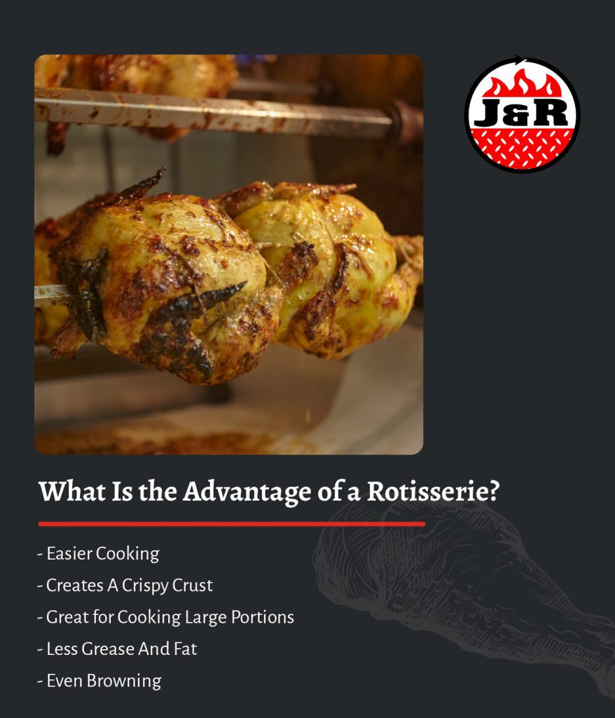 What is the advantage of a rotisserie? infographic with list items: easier cooking, creates a crispy crust, great for cooking large portions, less grease and fat, and even browning